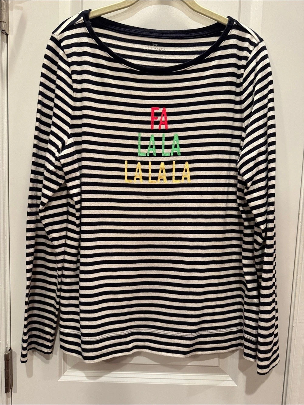 Talbots “Fa La La” Christmas Tee Striped Long Sleeve Top in Black & white
